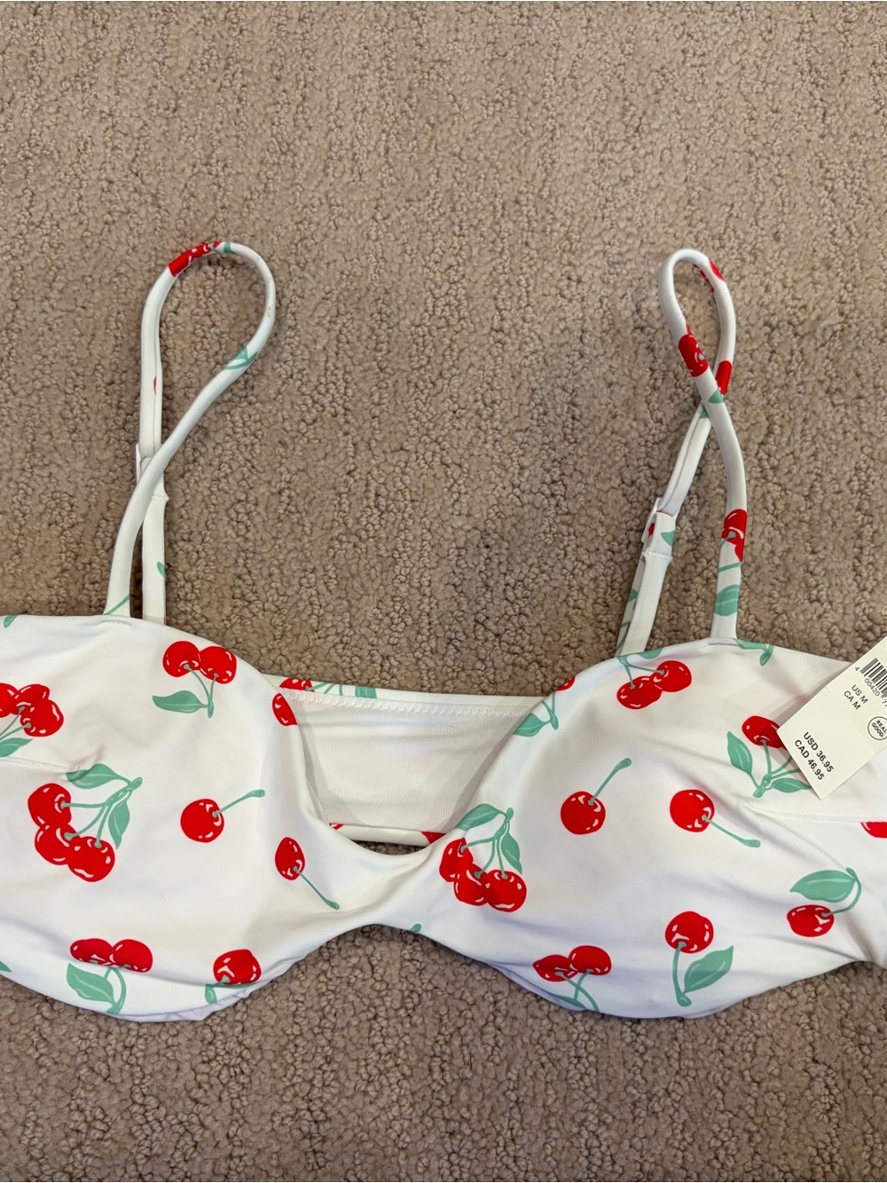 aerie White Bikini Top with Red Cherry Print